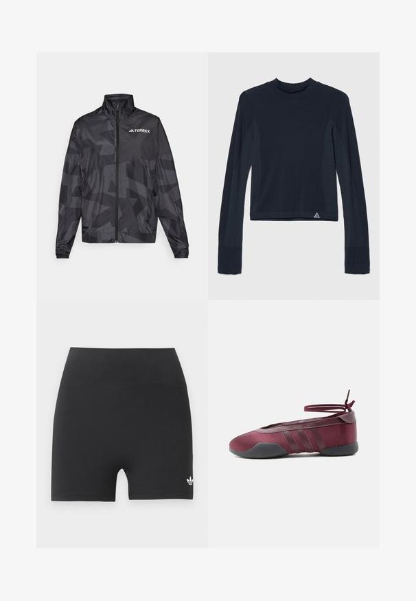 Veste légère noire avec un col haut, fermeture éclair et motif géométrique. Présente le logo "TERREX" en blanc sur le côté supérieur gauche.; Haut à manches longues en navy avec une texture côtelée, présentant des accents à pois le long des manches et un col haut. Logo de la marque en bas à gauche.; Shorts de sport noirs taille haute avec un petit logo blanc Adidas trefoil sur la partie inférieure droite de la jambe, sur un fond uni.; Ballerine bordeaux avec semelle noire, brides élastiques à la cheville nouées en nœud, et détails cousus sur les côtés, vue de l'extérieur.