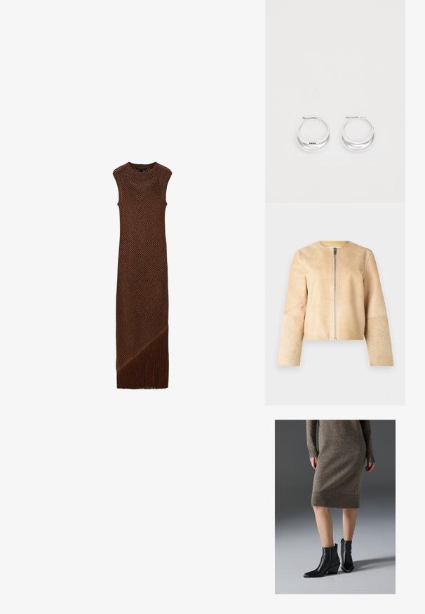 Veste en cuir beige avec un col rond et une fermeture éclair argentée. Texture lisse, manches longues et design court.; Robe maxi marron en maille sans manches avec col rond et détail de franges en diagonale à l'ourlet.; Bottines en cuir noir avec un bout pointu, un talon épais et des détails de couture en zigzag, assorties à une robe en tricot marron côtelée.; Boucles d'oreilles en argent avec une finition polie et un branding DKNY, présentées sur un fond blanc uni.