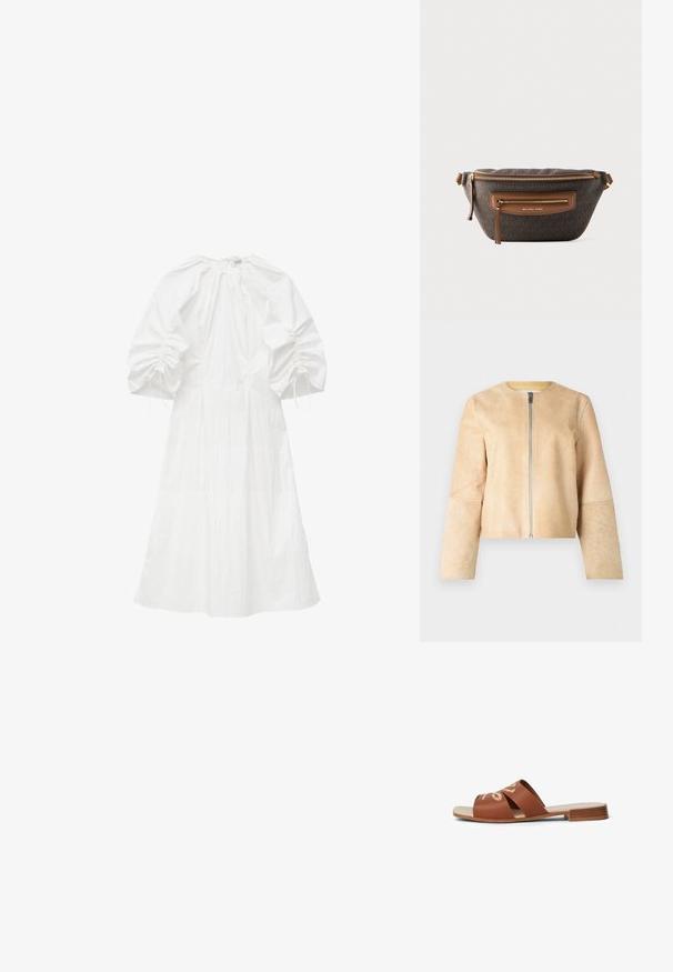 Veste en cuir beige avec un col rond et une fermeture éclair argentée. Texture lisse, manches longues et design court.; Robe midi blanche avec manches 3/4 bouffantes et froncées, encolure ronde et jupe ample et fluide, confectionnée dans un tissu léger.; Sandale à glissière en cuir marron avec un design entrecroisé, semelle plate et un petit talon carré. Présente des accents floraux brodés sur la sangle.; Sac banane marron Michael Kors avec deux compartiments zippés et sangle ajustable, présentant le motif logo signature et des détails en métal doré.