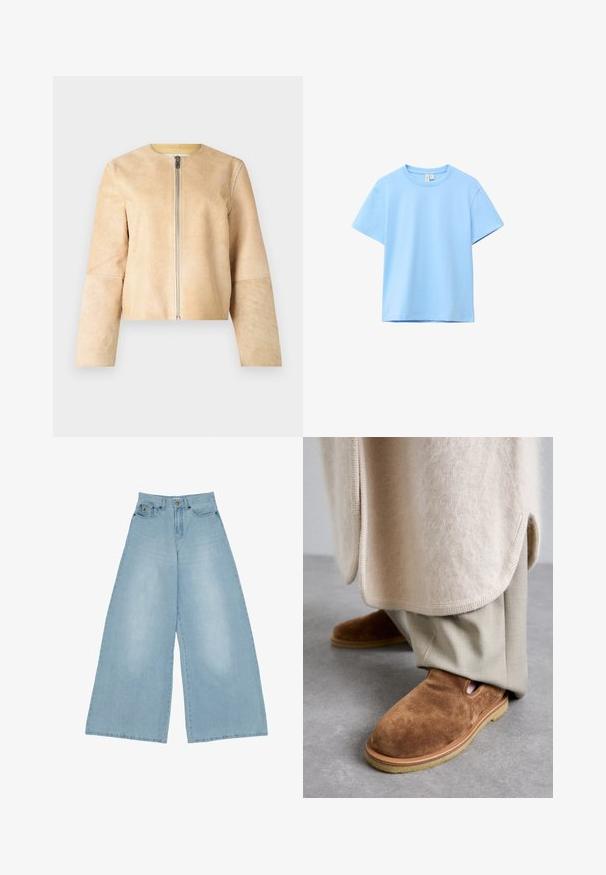 Beige nahkaliivi pyöreällä kaula-aukolla ja hopealla vetoketjulla. Silkkinen pinta, pitkät hihat ja lyhyt malli.; Vaaleansininen lyhythihainen puuvillainen T-paita pyöreällä pääntiellä, yksivärinen malli ja näkyvä kaulanauha valkoisella taustalla.; Vaaleansiniset leveälahkeiset farkut, valmistettu denimistä, joissa on korkea vyötärö, suuret etutaskut ja siisti, suoraleikkainen helma.; Ruskeat mokkasandaalit, joissa on pyöreä kärki, kumipohja ja sivuleikkaukset, yhdistettynä vaaleanbeigeisiin räätälöityihin housuihin.