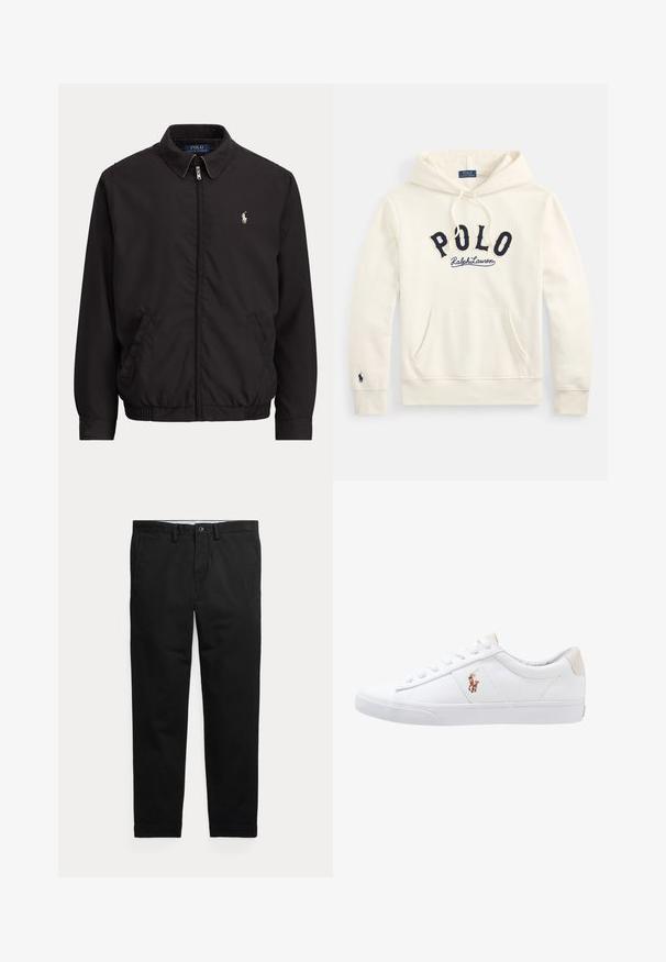 Zwarte jas met ritssluiting, kraag, zijzakken, elastische zoom en klein wit Polo Ralph Lauren-logo op de linkerborst.; Off-white hooded sweatshirt met kangaroezak, marineblauwe "POLO Ralph Lauren" letters op de borst en een klein geborduurd logo op de linkermouwmanchet.; Zwarte rechte broek met riemlussen, voorste knoop en zijzakken, plat weergegeven op een lichte achtergrond.; Witte canvas sneakers met een laag ontwerp, featuring een beige hieltab en een klein geborduurd logo aan de zijkant. Rubber zool.
