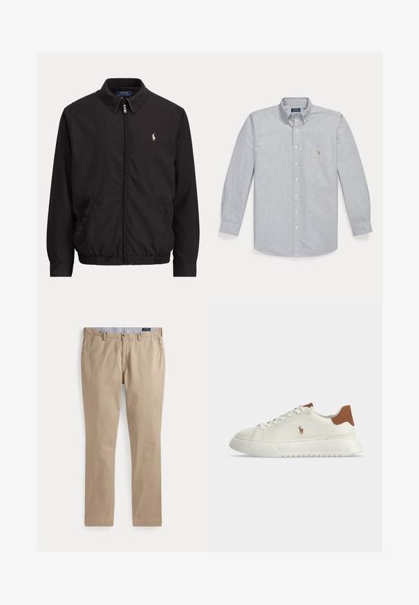 Sort lynlåstrøje med krave, sidelommer, elastisk kant og lille hvid Polo Ralph Lauren-logo på venstre bryst.; Lysegrå langærmet skjorte med knapper og krave samt lille broderet logo på venstre bryst, vist fladt på en hvid baggrund.; Beige chinos med lige ben, bæltestropper, frontknap, sidelommer og en synlig Polo Ralph Lauren mærkat på indersiden af linningen.; Hvid lavtopsneaker med brunt hæltab, snørebånd foran, tyk sål og lille broderet hestelogo på siden.