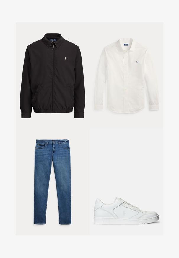 Sort lynlåstrøje med krave, sidelommer, elastisk kant og lille hvid Polo Ralph Lauren-logo på venstre bryst.; Hvid langærmet skjorte med knapper, krave og lille mørkeblåt Polo Ralph Lauren-logo på venstre bryst.; Blå denimjeans med slim fit, der har forlommer, bæltestropper og lukning med knap på hvid baggrund.; Hvide lædersneakers med en glat tekstur, der har en perforeret tå, snørebåndslukning og broderet logo på siden. Hvid gummisål.