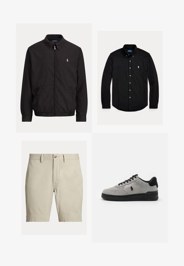Must zipiga jakiga krae, küljetaskud, elastne äärepael ja väike valge Polo Ralph Laureni logo vasakul rinnal.; Must pikkade varrukatega nööpidega särk nööpidega kraega ja vasakul rinnal valge tikandiga Polo Ralph Laureni logo.; Beežid põlvikuni püksid vööaasade, nööpide kinnituse ja tõmblukuga, valgel taustal.; Halli sisejalatsid mustade aktsentidega, millel on tekstuuriga kangas külgpaneel, ümar nina ja must kummikreen. Logo on tikandina külje peal.