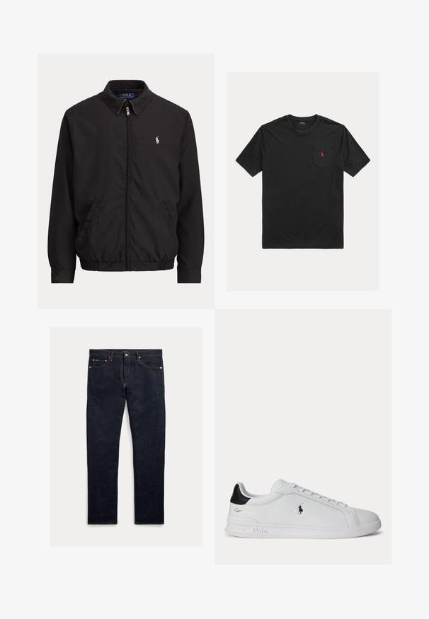 Sort lynlåstrøje med krave, sidelommer, elastisk kant og lille hvid Polo Ralph Lauren-logo på venstre bryst.; Sort T-shirt med korte ærmer og rund hals med brystlomme med lille rødt broderet Polo Ralph Lauren-logo.; Mørke denimjeans med lige ben, fem lommer, orange syninger og lukning med knapper. Stoffet har en glat tekstur.; Hvid lavtop sneaker med sort hælfane, snørebånd og Polo Ralph Lauren-logo på siden, med præget såldetaljer.