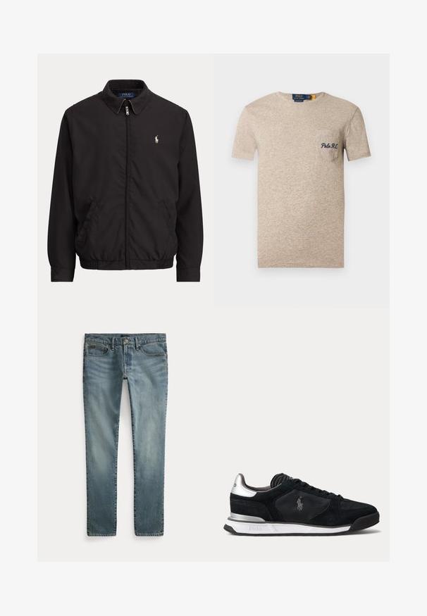 Must zipiga jakiga krae, küljetaskud, elastne äärepael ja väike valge Polo Ralph Laureni logo vasakul rinnal.; Beežist puuvillane T-särk ümara kaelusega, lühikeste varrukatega ja vasakul rinnataskuga, millel on tikitud "Polo RL" mereväe sinises värvitoonis.; Sirged säärtega sinised teksad, ees taskud, vööaasad ja nööpidega sulgemine.; Mustast ja hõbedasest madala profileega toss nöörkinnitusega, valge tallaga ja küljele tikitud Polo logoga, vaadates välisküljelt.