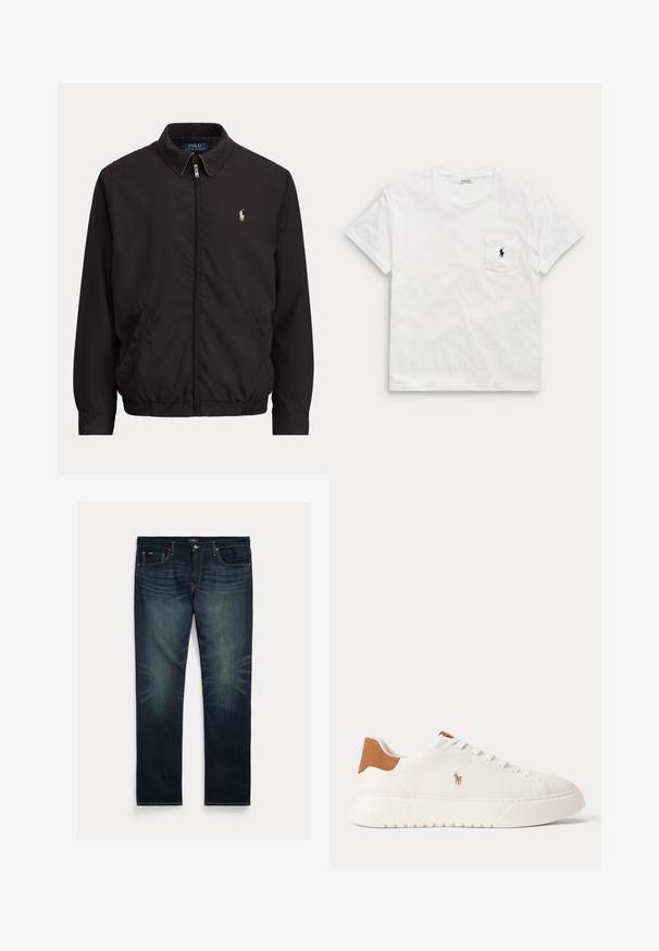 Sort lynlåstrøje med krave, sidelommer, elastisk kant og lille hvid Polo Ralph Lauren-logo på venstre bryst.; Hvid t-shirt med korte ærmer og rund hals med en brystlomme, der har en lille mørk polo-spiller-logo.; Mørkeblå denimjeans med lige ben, subtil falmning nær knæene og orange syninger på lommer og sømme.; Hvid lavtop sneaker med tan hælfane, hvide snørebånd og lille broderet polo-spiller logo på siden over en tyk sål.