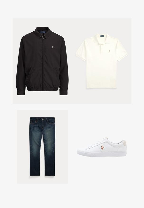 Must zipiga jakiga krae, küljetaskud, elastne äärepael ja väike valge Polo Ralph Laureni logo vasakul rinnal.; Valge lühikeste varrukatega polo särk krae, kahe nööbiga plakeeringu ja väikese tikitud logoga vasakul rinnal.; Tumesinised teksapüksid sirge säärega, kerge pleekimisega põlvede kohal ning oranžid õmbluse aksendid taskutel ja õmblustel.; Valge kanvasest tennis, madala lõikega disain, millel on beež kontsapink ja väike tikitud logo küljel. Kummi välissole.