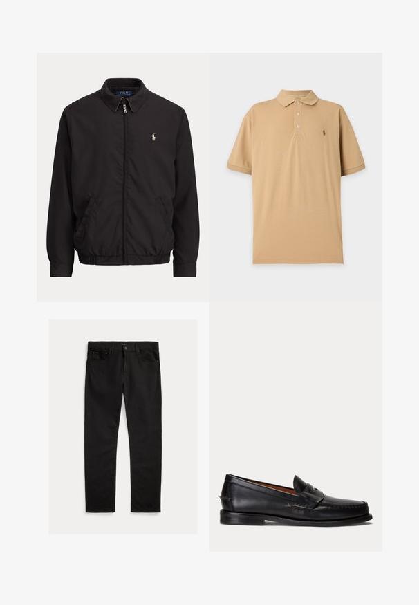 Must zipiga jakiga krae, küljetaskud, elastne äärepael ja väike valge Polo Ralph Laureni logo vasakul rinnal.; Beež lühikeste varrukatega polosärk, millel on kolm nööpi ja vasaku rinna peal väike tikitud logo, ühevärvilise taustaga.; Mustadest denimist püksidest, millel on sirge lõikega vars, viie tasku disain ja peen tekstuur. Metallist nupp ja tõmblukk.; Mustast nahast loafer madala kontsa ja penny rihma detailiga, näidatud küljelt helehallil taustal.