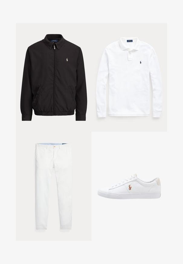 Čierna bunda na zips s golierom, bočnými vreckami, elastickým lemom a malým bielym logom Polo Ralph Lauren na ľavej strane hrude.; Biela polo košeľa s dlhým rukávom, golierom, dvojgombíkovou légou a malým tmavomodrým vyšitým logom koňa na ľavej hrudi.; Biele bavlnené chino nohavice s úzkym strihom, so zlatým jedným gombíkom na zapínanie a svetlomodrým vnútorným pásom. Hladká textúra bez vzorov.; Biele plátenné tenisky s nízkym strihom, ktoré majú béžový opasok na päte a malé vyšívané logo na boku. Gumová podrážka.