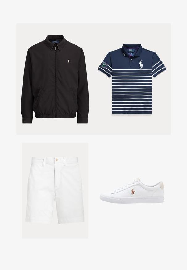 Sort lynlåstrøje med krave, sidelommer, elastisk kant og lille hvid Polo Ralph Lauren-logo på venstre bryst.; Marineblå polo-shirt med hvide vandrette striber, Ralph Lauren-logo, Wimbledon-patch på ærmet og "2024" trykt på kraven.; Hvide shorts til knæet med bæltestropper og en brun knaplukning i taljen, vist på en ensfarvet baggrund.; Hvide kanvas sneakers med lågtop design, prydet med en beige hælkappe og et lille broderet logo på siden. Gummisål.