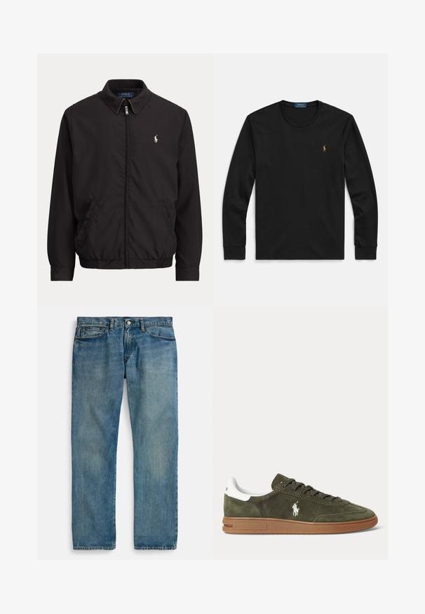 Sort lynlåstrøje med krave, sidelommer, elastisk kant og lille hvid Polo Ralph Lauren-logo på venstre bryst.; Sort langærmet T-shirt lavet af blød bomuld med rund hals og en lille broderet logo på brystet med farveaccent.; Lyseblå denimjeans med lige ben, der har fem lommer, lukning med knap og diskret falmet effekt for tekstur.; Olivengrøn ruskindssneaker med brun gummisål, hvid hælstrop, snørelukning foran og hvid Ralph Lauren polo spiller logo på siden.