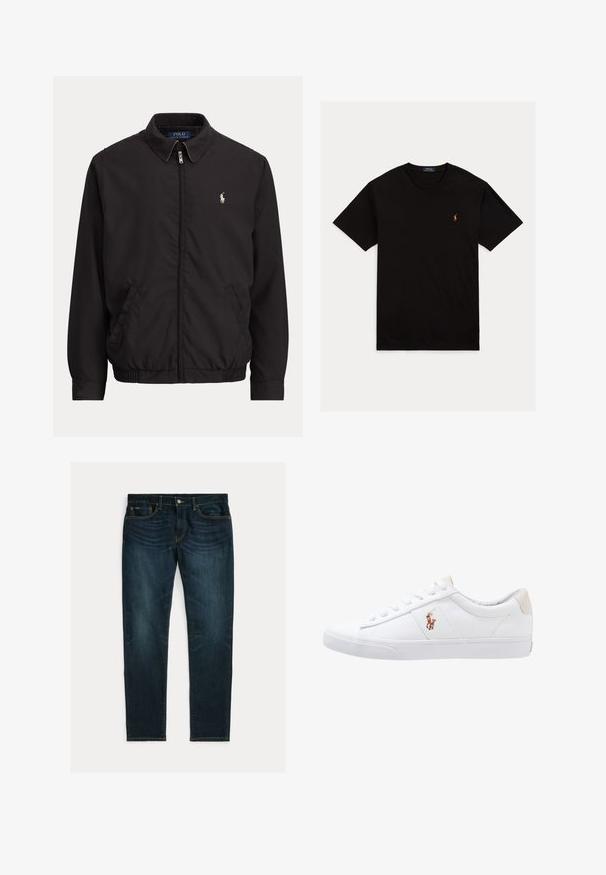 Zwarte jas met ritssluiting, kraag, zijzakken, elastische zoom en klein wit Polo Ralph Lauren-logo op de linkerborst.; Zwart T-shirt met korte mouwen en ronde hals, met klein meerkleurig Polo Ralph Lauren-logo op de linkerborst.; Donkerblauwe slim-fit jeans met lichte vervaging en vijfzakkenontwerp, plat gelegd op een witte achtergrond.; Witte canvas sneakers met een laag ontwerp, featuring een beige hieltab en een klein geborduurd logo aan de zijkant. Rubber zool.