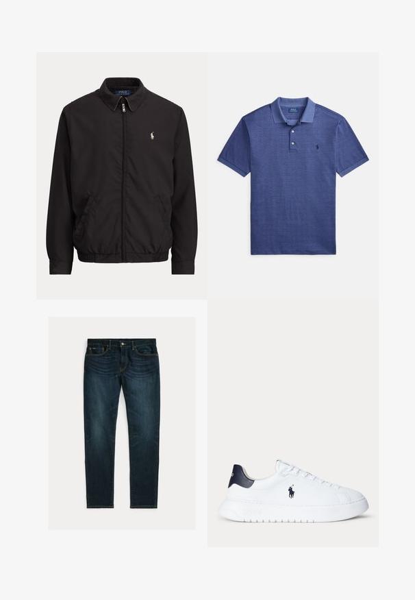 Sort lynlåstrøje med krave, sidelommer, elastisk kant og lille hvid Polo Ralph Lauren-logo på venstre bryst.; Blå kortærmet poloshirt med subtilt ternet mønster, to knapper og et lille broderet logo på venstre bryst.; Mørkeblå slim-fit jeans med let falmning og fem-lomme-design, lagt fladt på hvid baggrund.; Hvid lavtop sneaker med sort hæltab og sort Polo Ralph Lauren-logo på siden, med hvide snørebånd og en tyk sål.