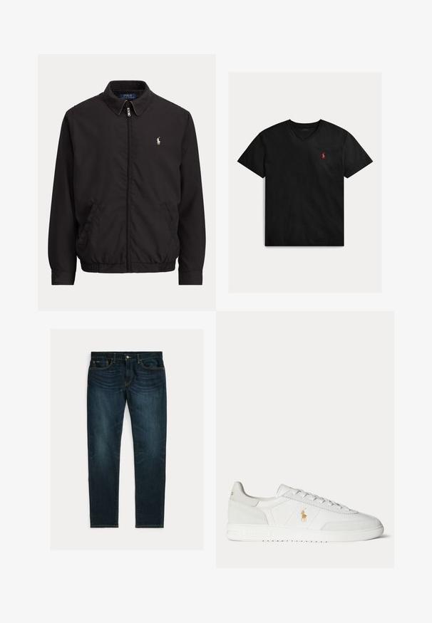 Must zipiga jakiga krae, küljetaskud, elastne äärepael ja väike valge Polo Ralph Laureni logo vasakul rinnal.; Mustast puuvillast V-kaelusega t-särk, lühikeste varrukatega ja väike punane logo vasakul rinnal. Sile tekstuur ja vabaaja stiil.; Tumesinised kitsad teksad nõrga pleekimise ja viie tasku disainiga, asetatud tasaselt valgele taustale.; Valge madala säärega tennisking paeltega, kuldse Polo Ralph Laureni logoga küljel ja tekstureeritud tallaga ühevärvsel taustal.