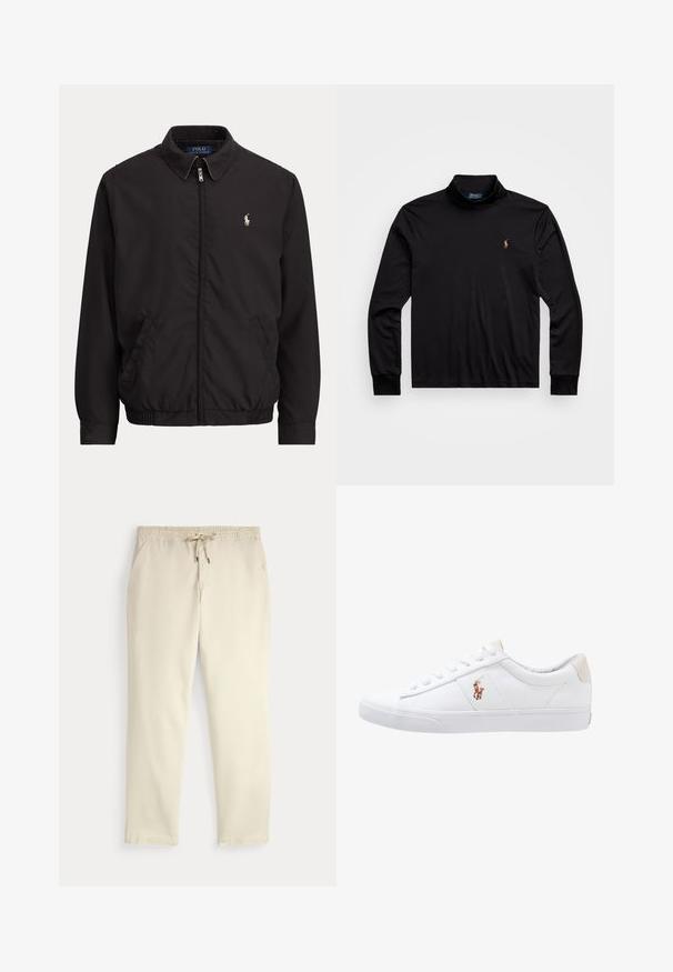 Čierna bunda na zips s golierom, bočnými vreckami, elastickým lemom a malým bielym logom Polo Ralph Lauren na ľavej strane hrude.; Čierna dlhá polo košeľa s vysokým golierom, vyrobená z hladkej tkaniny, so malým vyšitým logom na ľavej hrudi.; Krémové voľné nohavice s elastickým pásom a šnúrkou, rovné nohy a bočné vrecká na jednofarebnom pozadí.; Biele plátenné tenisky s nízkym strihom, ktoré majú béžový opasok na päte a malé vyšívané logo na boku. Gumová podrážka.