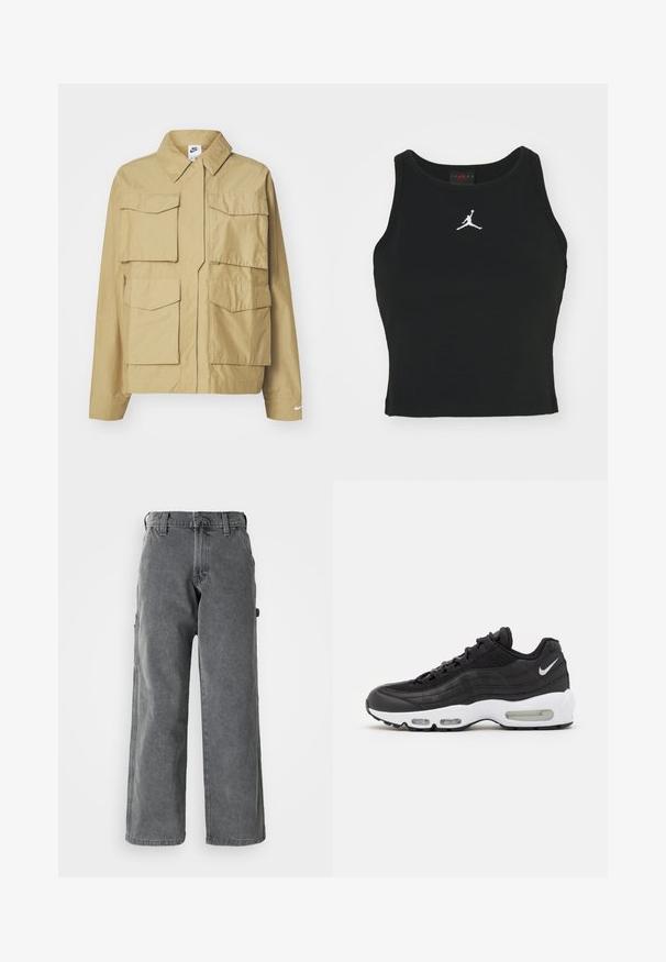 Chaqueta ligera beige con cuello clásico, múltiples bolsillos en el pecho y mangas largas. Presenta el logo de Nike en la manga izquierda.; Top ajustado negro de algodón, con un escote redondo y un logo de Jordan blanco bordado en el centro del frente. Textura suave.; Pantalones cargo de pierna ancha en gris, fabricados en denim, que cuentan con bolsillos laterales, cierre de botón y un corte recto. La tela tiene una textura suave.; Zapatillas Nike Air Max 95 negras con parte superior de cuero texturizado y malla, una prominente entresuela blanca, suela negra y acento del logo en plata.