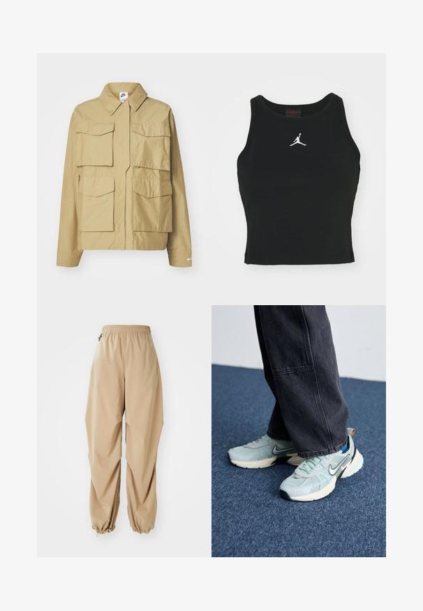 Beige, leichtgewichtige Jacke mit klassischem Kragen, mehreren Brusttaschen und langen Ärmeln. Mit Nike-Logo am linken Ärmel.; Schwarzes, figurbetontes Tanktop aus Baumwolle, mit rundem Halsausschnitt und einem weißen Jordan-Logo, das in der Mitte auf der Vorderseite gestickt ist. Glatte Textur.; Beige leichte Hose mit elastischem Bund, schmal zulaufenden Säumen und glatter Textur, die eine lockere Passform hat und keine sichtbaren Muster oder Verzierungen aufweist.; Himmelblaue Mesh-Nike-Sneaker mit strukturiertem Finish, schwarzem Swoosh und cremefarbener Zwischensohle, kombiniert mit dunkelgrauen weiten Hosen.