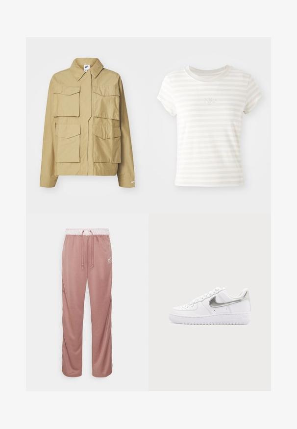 Beige, letvægtsjakke med klassisk krave, flere brystlommer og lange ærmer. Har Nike-logo på venstre ærme.; Hvidstribet kortærmet t-shirt lavet af blød bomuld. Har en rund halsudskæring og et lille broderet Nike-logo på brystet.; Lyserøde sweatpants lavet af blød stof, med en elastisk talje med snore, og et lille hvidt logo på venstre side.; Hvid lavtopet sneaker med metallisk sølv Nike swoosh og hvide snørebånd på en ensfarvet lysegrå baggrund.