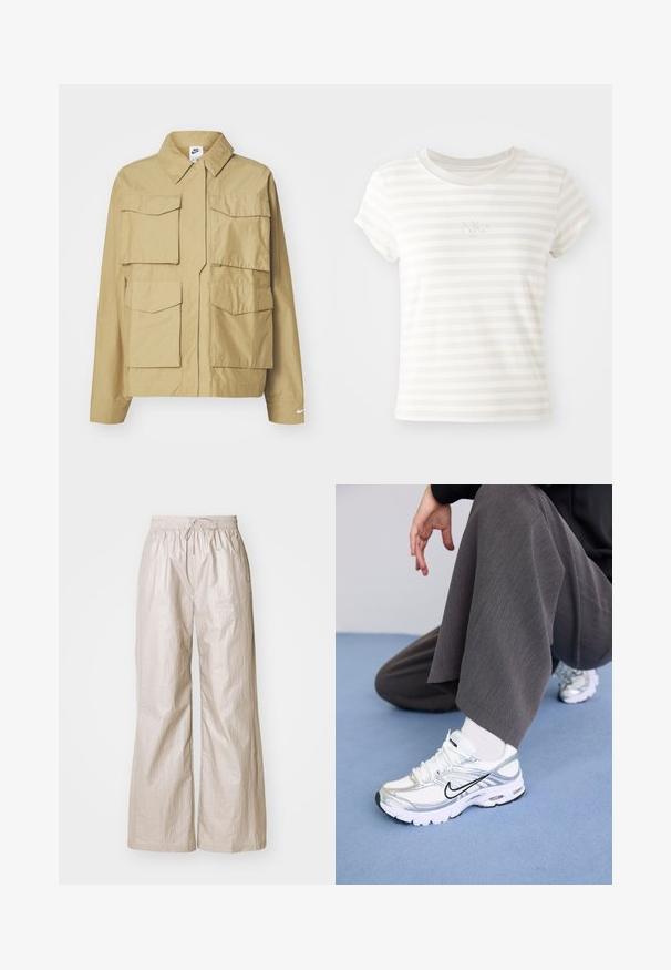 Béžová, ľahká bunda s klasickým golierom, viacerými náprsníkmi a dlhými rukávmi. Na ľavom rukáve sa nachádza logo Nike.; Biele prúžkové tričko s krátkym rukávom vyrobené z mäkkej bavlny. Má okrúhly výstrih a malé vyšívané logo Nike na hrudi.; Svetlo béžové široké nohavice vyrobené z krčenej látky, s elastickým pásom na šnúrku a bočnými vreckami.; Biele a strieborné športové topánky s jemnou sieťovinou a syntetickými materiálmi, so čiernymi akcentmi, šnúrkami a textúrovanými podrážkami.