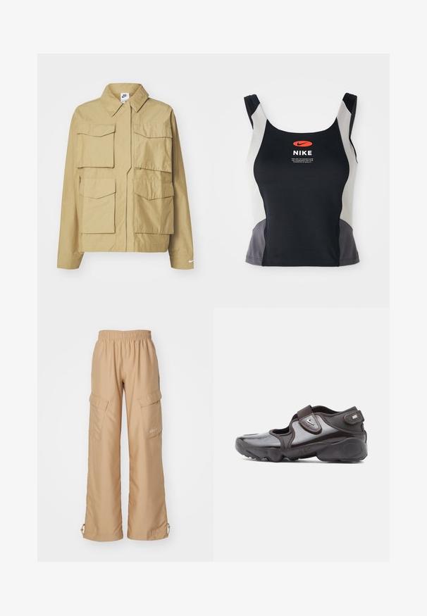 Chaqueta ligera beige con cuello clásico, múltiples bolsillos en el pecho y mangas largas. Presenta el logo de Nike en la manga izquierda.; Camiseta deportiva negra y gris con escote redondo, tirantes estrechos y un logotipo de Nike naranja en el centro impreso en la parte delantera.; Nike Sportswear TREND - Pantalones cargo - hemp; Zapato deportivo de color marrón oscuro con acabado brillante, correa de velcro, punta redondeada y suela texturizada que presenta elementos de diseño acolchados.