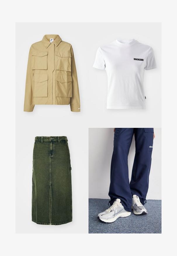 Beige, lichtgewicht jack met een klassieke kraag, meerdere borstzakken en lange mouwen. Bevat het Nike-logo op de linkermouw.; Witte T-shirt met korte mouwen van katoen, met een ronde hals en zwart "DICKIES" logo op de linkerkant van de borst. Gladde textuur en aansluitend ontwerp.; Groene denim rok met een middellange snit, een voorklep, knoopsluiting en riemlussen. De textuur is licht vervaagd, met zijzakken.; Nike hardloopschoenen met een zilveren mesh bovenkant, witte accenten en structuurzolen, gecombineerd met luchtige navy broeken.