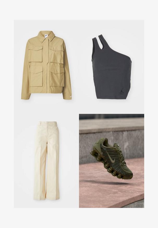 Beige, letvægtsjakke med klassisk krave, flere brystlommer og lange ærmer. Har Nike-logo på venstre ærme.; Sort ribbet tanktop med et unikt asymmetrisk design, der har en bred strop og en smal strop, inklusive et lille logo ved kanten.; Beige vidde bukser med høj talje, fremstillet af et glat stof og med fint pressede forkantfolder, sat mod en ensfarvet hvid baggrund.; Nike-sneaker i olivengrøn med mesh-øverdel, teksturerede paneler, polstret sål og synlig luftpolstring for komfort.