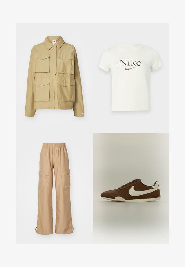 Béžová, ľahká bunda s klasickým golierom, viacerými náprsníkmi a dlhými rukávmi. Na ľavom rukáve sa nachádza logo Nike.; Biele krátke tričko s krátkym rukávom s hnedým nápisom "Nike" a logom swoosh Nike s leopardím vzorom na hrudi.; Nike Sportswear TREND - Kapsáče - hemp; Hnedá nízka teniska s bielou podrážkou, bielym logom Nike swoosh na boku a hnedými šnúrkami na neutrálnom pozadí.