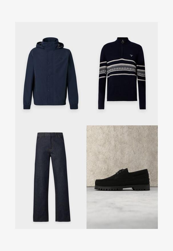 Veste à capuche bleu marine avec boutons-pression, poignets élastiques, poches latérales et petit logo brodé sur la poitrine.; Pullover zippé bleu marine avec des rayures horizontales blanches et grises sur la poitrine et les manches, poignets et ourlet côtelés.; Jean denim bleu foncé à jambes larges avec coutures jaunes, fermeture avant par boutons, passants de ceinture et poches avant, présenté sur un fond uni.; Chaussure noire à lacets avec semelle épaisse à nervures flottant au-dessus d'un tapis beige, table ronde moderne marron en arrière-plan dans une pièce à éclairage doux.