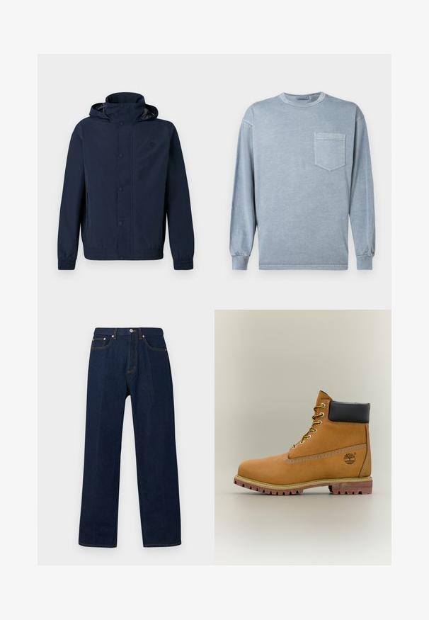 Veste à capuche bleu marine avec boutons-pression, poignets élastiques, poches latérales et petit logo brodé sur la poitrine.; T-shirt à manches longues bleu en coton doux, avec un col rond et une poche poitrine ornée d'un détail de couture subtil.; Jean en denim bleu foncé à coupe droite, avec bouton sur le devant, fermeture éclair et style cinq poches sur un fond uni.; Bottine en cuir marron avec col noir, lacets jaunes et semelle beige. Présente un logo et des détails de couture blanche. Semelle extérieure à traction robuste.
