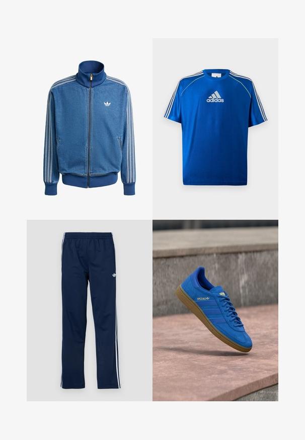 Blå denimjakke med lynlås, udstyret med hvide tre-stribede detaljer på ærmerne, høj krave og frontlommer. Blød tekstur med ribbede manchetter.; Blå Adidas sport T-shirt med hvidt logo på brystet, hvide striber på skuldrene og neongult piping på skuldersømmene.; Marineblå træningsbukser med elastisk linning, hvide sidelister og broderet logo på venstre lår. Glat stoftekstur.; Blå Adidas Spezial sneaker med gummisål, snørebånd bundet, hængende over en glat stens overflade nær en grå betonvæg.