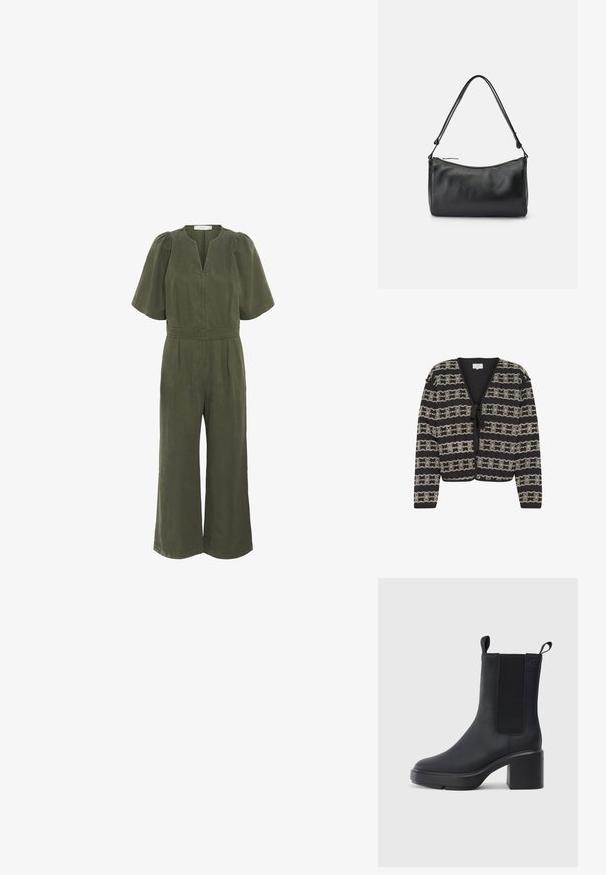 Schwarze Strickjacke mit kurzem Design, verziert mit cremefarbenen, gestickten Blumenmustern, einer Krawattenverschluss und langen Ärmeln. Hergestellt aus strukturiertem Stoff.; Olivgrüner Jumpsuit mit kurzen Puffärmeln, einem V-Ausschnitt, elastischem Bund und weitem Bein. Hergestellt aus weichem, leichtem Stoff.; Schwarze Knöchelstiefel aus glattem Gummi-Material, mit elastischen Seitenpaneelen, Blockabsatz und Zugschlaufen oben für ein einfaches Anziehen.; Schwarze Leder-Schultertasche mit glatter Textur, geschwungener Form und einem langen Einzelriemen, ausgestattet mit einem Reißverschluss oben.