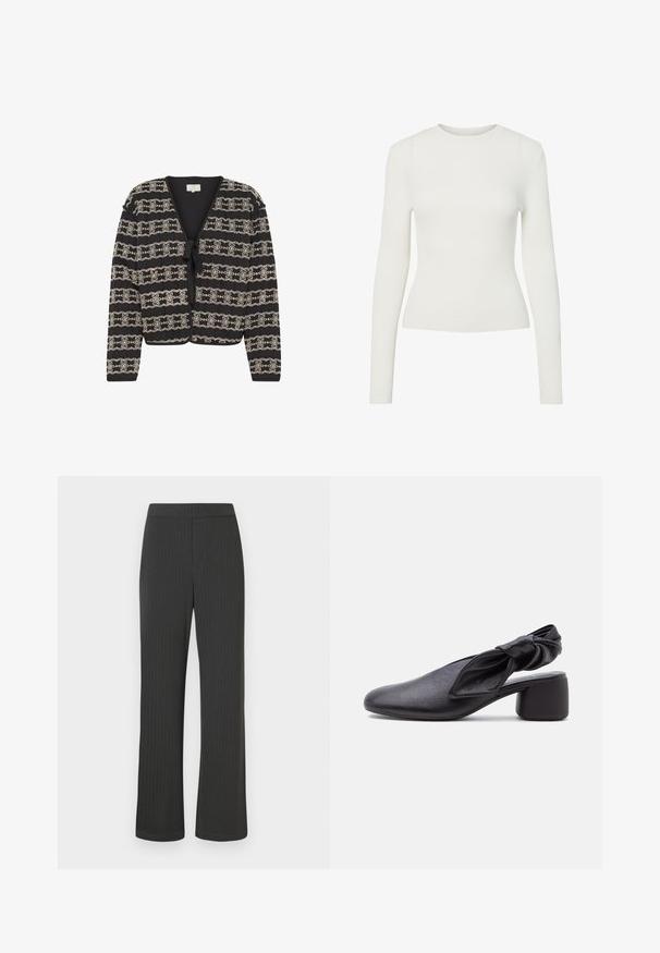 Cardigan noir avec un design cropped, présentant des motifs floraux brodés en crème, une fermeture à nouer et des manches longues. Fabriqué en tissu texturé.; T-shirt blanc à manches longues en ribbed avec un col rond, à la coupe ajustée et une texture lisse. Design minimaliste, sans motifs ni embellissements visibles.; Pantalon noir à rayures verticales avec un design à jambe droite, doté d'une taille élastique et d'un tissu lisse et texturé.; Chaussure slingback en cuir noir avec bout arrondi, détail de bride nouée et petit talon carré sur fond blanc.