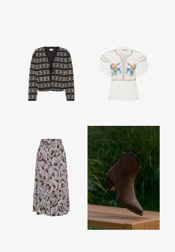 Cardigan noir avec un design cropped, présentant des motifs floraux brodés en crème, une fermeture à nouer et des manches longues. Fabriqué en tissu texturé.; Blouse blanche à manches volantées, broderie florale multicolore, bordure festonnée en rose et vert, et décolleté en V avec de légers fronces.; Jupe midi marron à motif cachemire blanc, ceinture élastique et ourlet légèrement évasé et à étages. Pas de poches ni d’ornements visibles.; Bottine en daim marron à talon bloc suspendue au-dessus d'une table en bois, feuillage vert flou en arrière-plan.