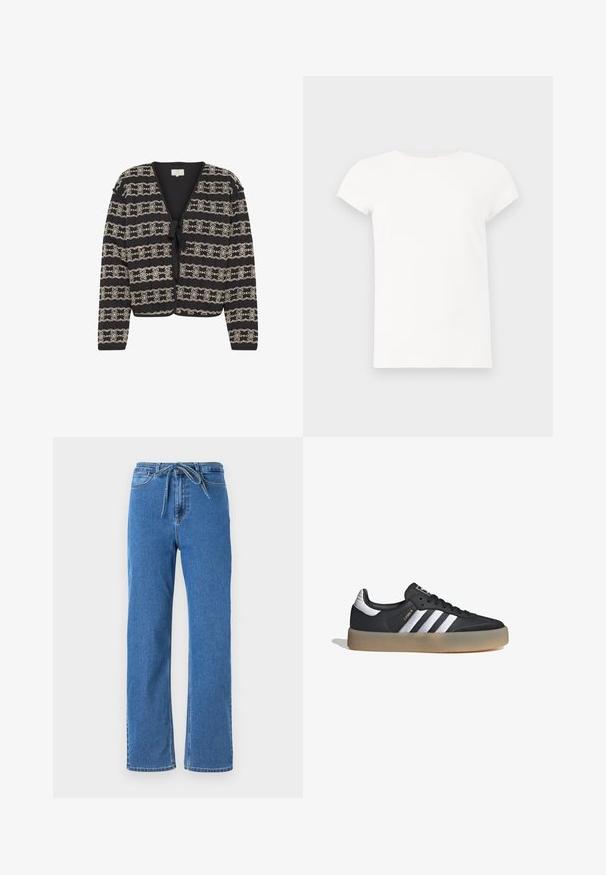 Cárdigan negro con diseño corto, que presenta patrones florales bordados en crema, cierre con lazo y mangas largas. Hecho de un tejido texturizado.; Camiseta blanca de manga corta con cuello redondo y una textura de algodón suave. Diseño simple sin patrones ni acentos.; Pantalones vaqueros de mezclilla azul con un corte relajado, que cuentan con una cintura ajustable, piernas rectas y detalles de costura clásica. Sin adornos.; Zapatilla deportiva de cuero negro con tres rayas plateadas, punta texturizada y suela de goma. Cuenta con un collar acolchado y un diseño con cordones.