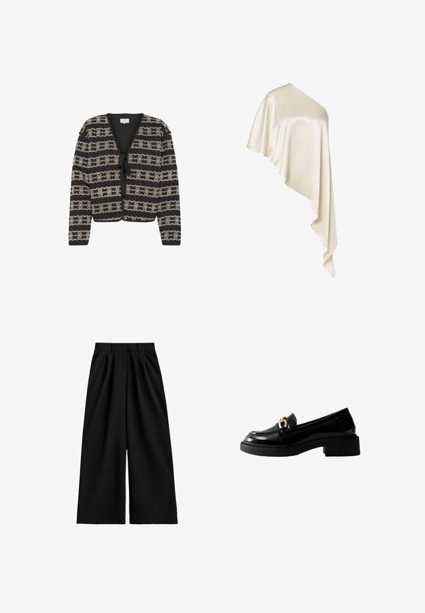 Zwarte cardigan met een cropped ontwerp, voorzien van crèmekleurige geborduurde bloemenpatronen, een striksluiting en lange mouwen. Gemaakt van een textuurstof.; Crèmekleurige satijnen one-shoulder top met een asymmetrisch vloeiend gedrapeerd ontwerp en langer stof die aan één kant hangt.; Zwarte wijduitlopende broek met hoge taille, riemlussen, voorplooien en een nette, gladde stofafwerking.; Zwarte loafers van lakleer met gouden hardware-accent, afgeronde neus en dikke zool. Gladde textuur met opvallende stikdetails.