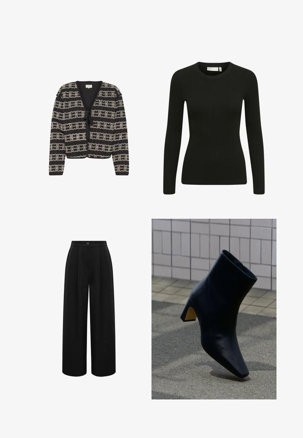 Schwarze Strickjacke mit kurzem Design, verziert mit cremefarbenen, gestickten Blumenmustern, einer Krawattenverschluss und langen Ärmeln. Hergestellt aus strukturiertem Stoff.; Schwarzes Langarm-Rippoberteil mit Rundhalsausschnitt und taillierter Passform. Der Stoff wirkt weich, mit einem leichten Stretch und subtiler Textur.; Schwarze, weit geschnittene Hose mit hoher Taille, vorderem Knopfverschluss und dezenten Falten, vor weißem Hintergrund präsentiert.; Schwarzer Lederknöchelstiefel mit Blockabsatz, der auf grauem Pflaster vor einer hell gekachelten Wand steht.