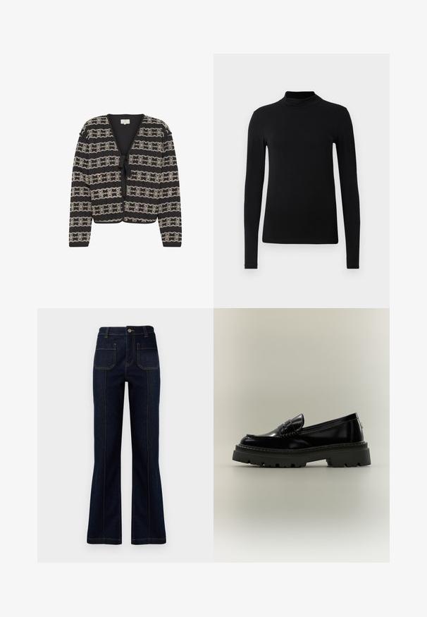 Cardigan noir avec un design cropped, présentant des motifs floraux brodés en crème, une fermeture à nouer et des manches longues. Fabriqué en tissu texturé.; Chemise à col roulé noir à manches longues en tissu lisse ; design ajusté avec un col haut et sans coutures visibles. Couleur unie et simple.; Jeans évasés bleu foncé en denim, dotés d'une taille haute, de deux poches arrière et de coutures visibles le long des coutures.; Mocassin en cuir noir brillant avec semelle épaisse à crampons et détail de bride penny, vu de côté sur un fond neutre uni.