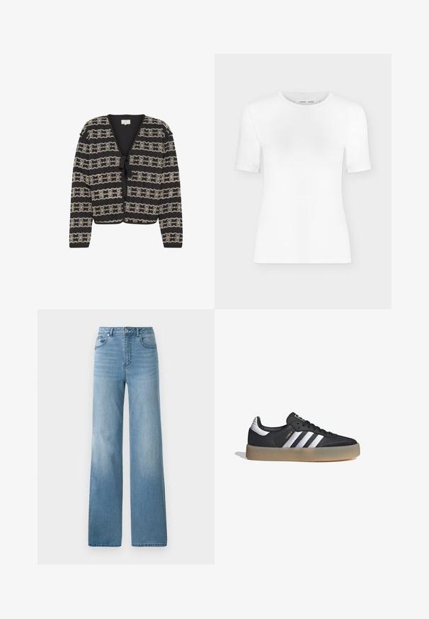 Cárdigan negro con diseño corto, que presenta patrones florales bordados en crema, cierre con lazo y mangas largas. Hecho de un tejido texturizado.; Camiseta blanca de manga corta con cuello redondo, ajuste slim y textura de tejido acanalado, mostrada sobre un fondo liso gris claro.; Jeans de tiro alto en azul claro con un diseño de pierna recta. Confeccionados en denim, cuentan con cinco bolsillos y un cierre con botón.; Zapatilla deportiva de cuero negro con tres rayas plateadas, punta texturizada y suela de goma. Cuenta con un collar acolchado y un diseño con cordones.