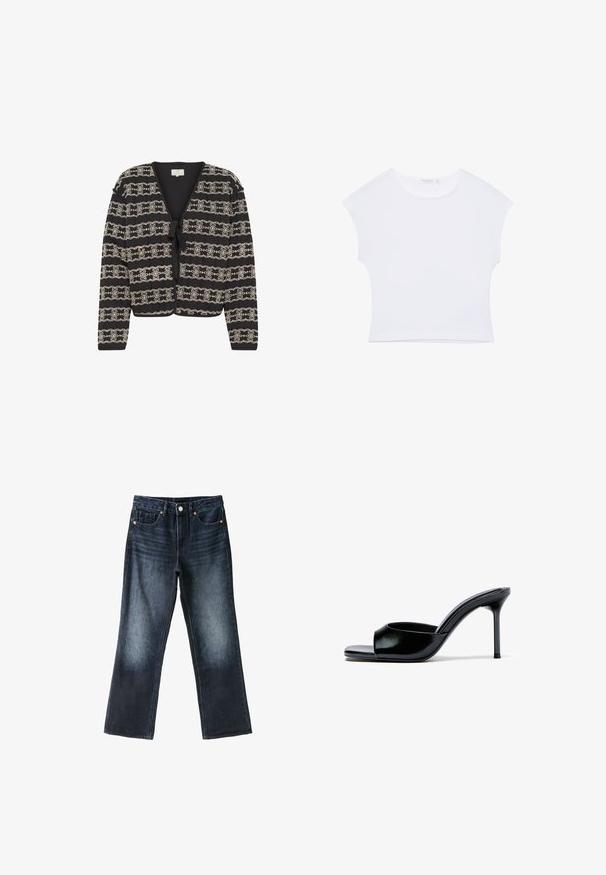 Cardigan noir avec un design cropped, présentant des motifs floraux brodés en crème, une fermeture à nouer et des manches longues. Fabriqué en tissu texturé.; T-shirt court blanc à manches courtes avec col rond, en tissu lisse, posé à plat sur un fond blanc.; Jean bleu foncé à jambes droites avec poches avant, passants de ceinture, fermeture par bouton et légère décoloration aux cuisses et aux genoux.; Mule à bout ouvert en cuir noir avec un talon stiletto haut et une large bride unique à l'avant.