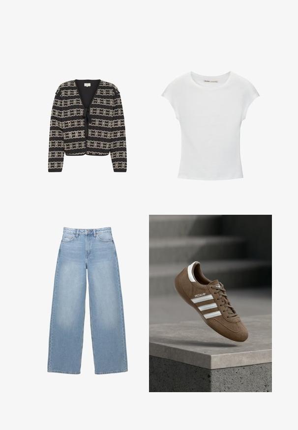 Zwarte cardigan met een cropped ontwerp, voorzien van crèmekleurige geborduurde bloemenpatronen, een striksluiting en lange mouwen. Gemaakt van een textuurstof.; Witte katoenen T-shirt met korte, opgerolde mouwen, een ronde halslijn en een rechte zoom. Gladde textuur zonder zichtbare patronen of accenten.; Lichtblauwe, wijde spijkerbroek van denim. Heeft een hoge taille, zijzakken en een knoopsluiting. Glad van textuur met subtiele vervaging.; Bruine suède Adidas Spezial sneaker met witte strepen en veters, zwevend boven een grijze betonnen richel tegen een vervaagde trap op de achtergrond.