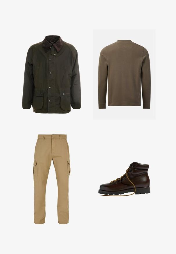 Veste en coton ciré vert foncé avec un col en velours côtelé marron, fermeture à boutons-pression à l'avant, et deux poches sur le devant. Design simple, manches longues.; Chemise texturée vert olive à manches longues, vue de dos avec un col rond et des poignets simples sur fond blanc.; Pantalons cargo beiges avec deux poches latérales, conception à jambe droite, fabriqués en tissu durable, avec des détails de couture et des passants de ceinture.; Bottine de randonnée en cuir marron avec un bout arrondi, surface texturée, lacets jaunes et œillets en métal. Dotée d'une semelle en caoutchouc noir robuste.