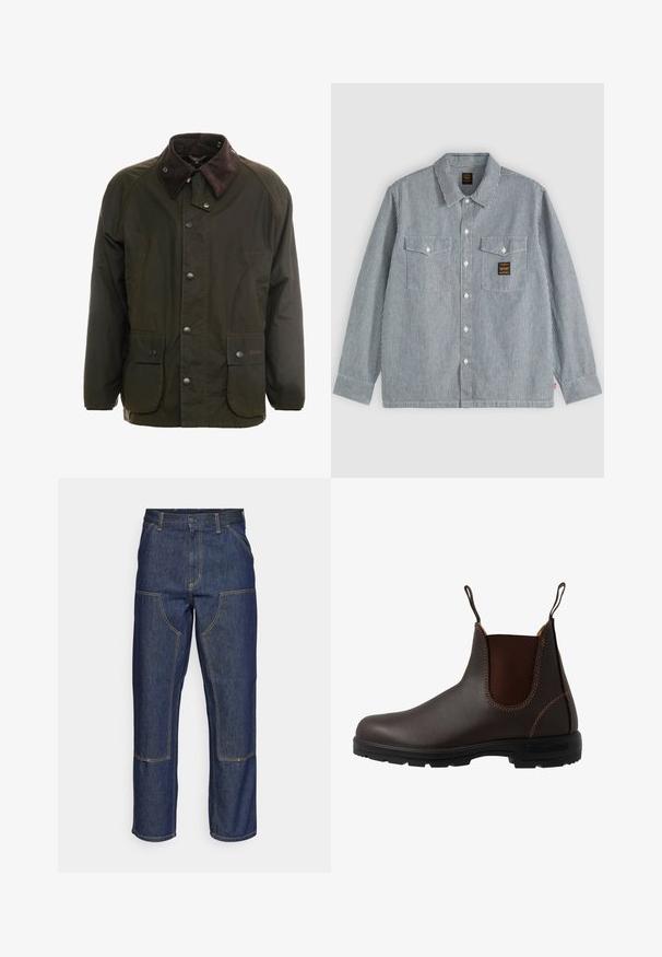 Veste en coton ciré vert foncé avec un col en velours côtelé marron, fermeture à boutons-pression à l'avant, et deux poches sur le devant. Design simple, manches longues.; Chemise à manches longues boutonnée avec fines rayures verticales noires et blanches, deux poches avant à rabats et un petit patch noir sur la poche droite.; Jeans en denim bleu foncé avec une taille haute, une coupe droite, des coutures contrastantes et des poches appliquées à l'avant.; Botte Chelsea en cuir marron avec panneau latéral élastique, coutures marron, languettes de tirage, et une semelle en caoutchouc durable avec un motif texturé.