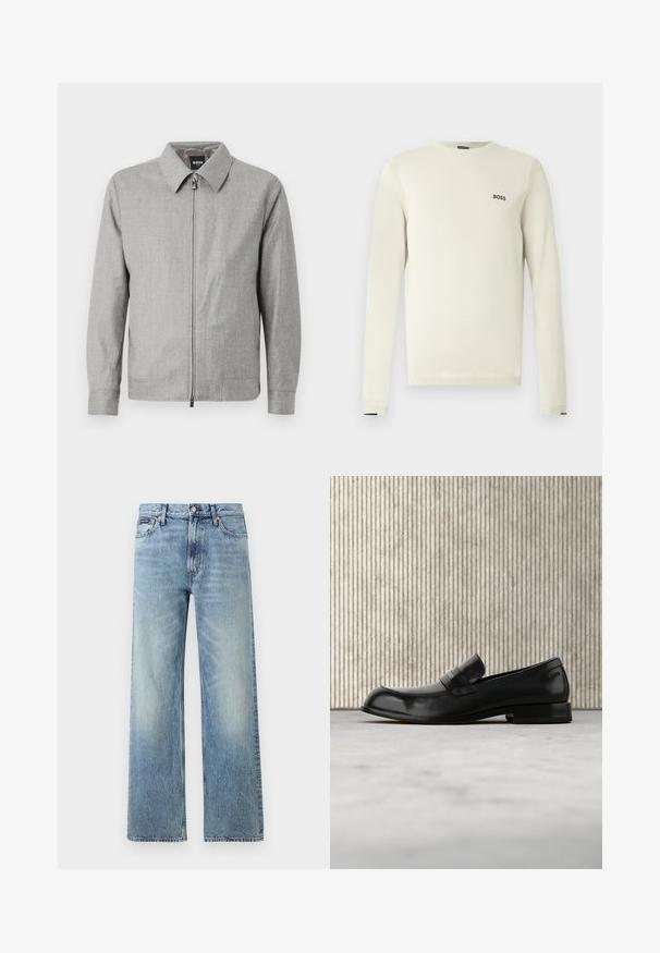 Chaqueta gris con cuello de solapa, cierre frontal con cremallera y mangas largas. Textura suave con un patrón sutil en toda su superficie.; Suéter beige claro con mangas largas, cuello redondo, puños acanalados y un pequeño logo negro "BOSS" en el pecho. Textura suave, diseño casual.; Vaqueros de mezclilla azul claro de corte recto con cintura alta, cinco bolsillos, cierre de botón y sutil desgaste en los muslos y las rodillas.; Mocasín negro de cuero con detalle metálico, mostrado suspendido sobre una alfombra beige, con una mesa redonda de color ámbar en el fondo.