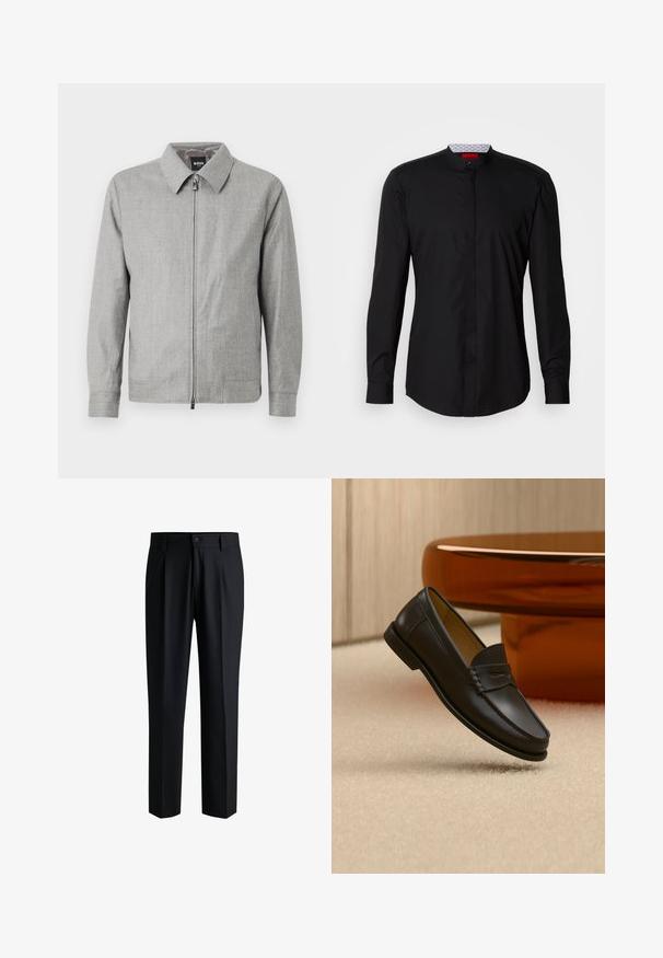 Chaqueta gris con cuello de solapa, cierre frontal con cremallera y mangas largas. Textura suave con un patrón sutil en toda su superficie.; Camisa negra de manga larga con cuello mandarín, confeccionada en una tela suave, con cierre de botones en la parte delantera y detalles de diseño sutiles.; Pantalones negros de tela suave, con un diseño de pierna recta, pliegues en la parte delantera y cierre de botón con trabillas para cinturón.; Zapato mocasín de cuero negro suspendido sobre una alfombra beige con muebles modernos de color ámbar en el fondo.