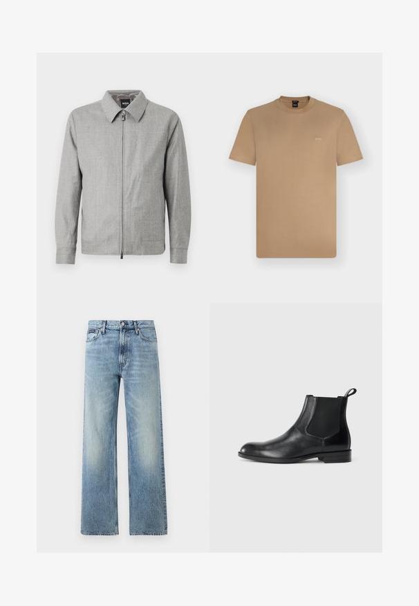 Chaqueta gris con cuello de solapa, cierre frontal con cremallera y mangas largas. Textura suave con un patrón sutil en toda su superficie.; Camiseta de manga corta y cuello redondo en color marrón claro con un pequeño logotipo blanco "BOSS" en el pecho izquierdo, mostrada sobre un fondo claro y liso.; Vaqueros de mezclilla azul claro de corte recto con cintura alta, cinco bolsillos, cierre de botón y sutil desgaste en los muslos y las rodillas.; Botín negro de cuero hasta el tobillo con paneles elásticos a los lados, punta redondeada y lengüeta. Textura suave, suela plana, diseño minimalista.