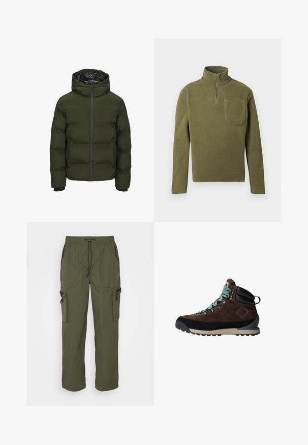 Doudoune verte avec capuche, fermeture éclair à l'avant, poignets côtelés et texture matelassée. Elle présente une doublure noire brillante et une isolation légère.; Pull en polaire vert olive avec un col zippé à mi-hauteur, des manches longues et une poche sur la poitrine. Texture douce avec un design durable.; Pantalons cargo vert olive en tissu léger, avec une taille élastique, un système de fermeture à cordon, et plusieurs poches zippées.; Botte de randonnée brune avec une tige en daim, accents noirs et lacets turquoise. Dotée d'une semelle robuste et d'un soutien de cheville renforcé.