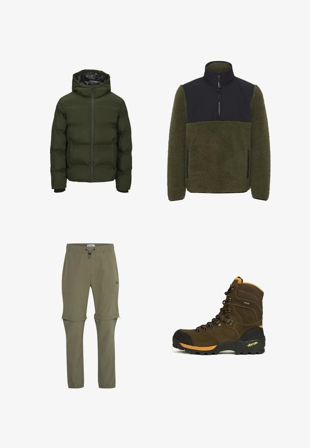 Doudoune verte avec capuche, fermeture éclair à l'avant, poignets côtelés et texture matelassée. Elle présente une doublure noire brillante et une isolation légère.; Pull-over en polaire vert olive avec un panneau en nylon noir sur la poitrine. Il comprend un col montant, une fermeture éclair mi-haute et des poches latérales.; Pantalons de trekking légers de couleur vert olive, avec une taille élastique, un cordon de serrage réglable, des poignets zippés et plusieurs poches.; Botte de randonnée montante marron avec bout renforcé noir, accents orange, semelle Vibram robuste, et lacets noirs et orange.