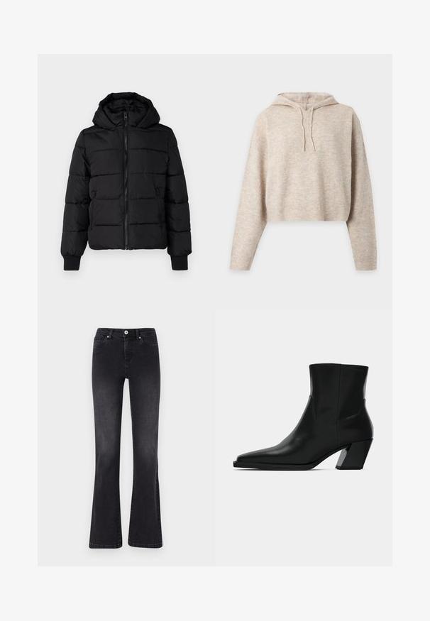 Schwarze gepolsterte Jacke mit Kapuze, Reißverschluss vorne und elastischen Bündchen. Glattes Gewebe mit gesteppten Abschnitten; zwei Seitentaschen für Stauraum.; Beiger gestrickter Cropped-Hoodie mit langen Ärmeln und Kordeln, dargestellt vor einem schlichten hellen Hintergrund.; Schwarze, ausgestellte Jeans aus Denim mit Knopfverschluss, fünf Taschen und dezentem Verblassen. Genähte Details entlang der Nähte.; Schwarze Leder-Stiefelette mit spitzem Zeh, schlanker Silhouette und klobigem quadratischem Absatz. Glatte Textur mit minimalen Nähdetails.