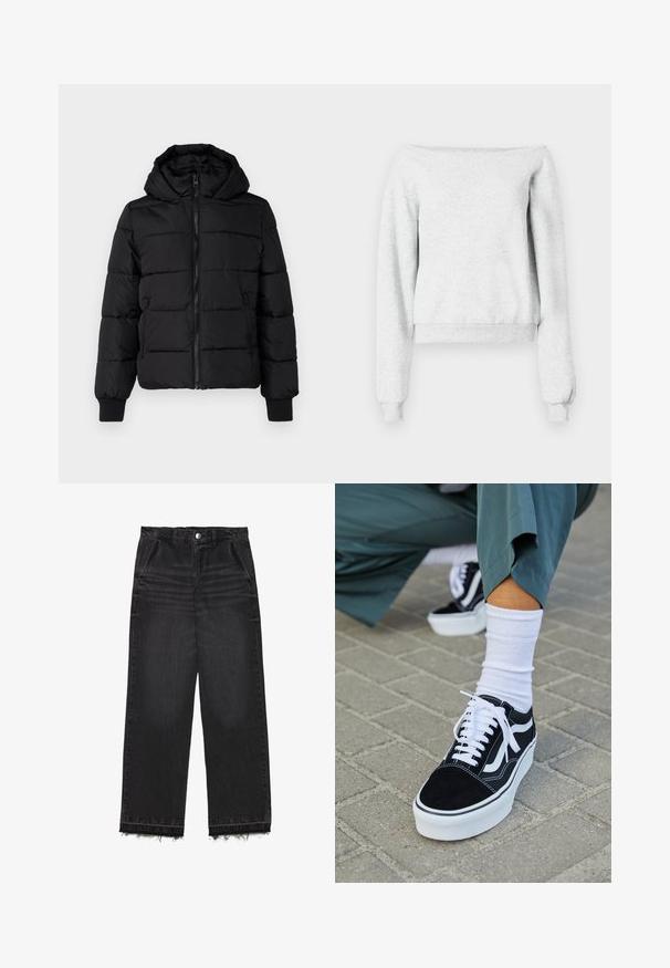 Chaqueta acolchada negra con capucha, cierre de cremallera al frente y puños elásticos. Tejido suave con secciones acolchadas; dos bolsillos laterales para almacenamiento.; Sudadera gris con un diseño de hombros caídos, mangas largas y puños acanalados. Fabricada en un tejido suave con un dobladillo corto.; Pantalones de mezclilla negra con un diseño de pierna recta. Presentan una cintura alta, dobladillo deshilachado y una sutil textura descolorida en todo su alrededor. Incluye bolsillos frontales.; Zapatillas de ante negro con acentos y cordones blancos, que cuentan con una gruesa suela blanca y costuras en contraste, combinadas con un calcetín blanco.